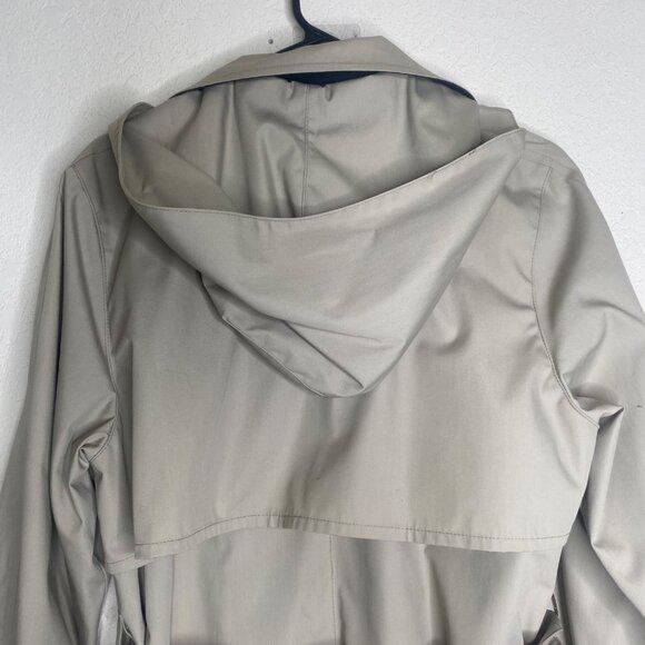 London Fog Trench Coat Womens Size 10 R Khaki Black Belted Removeable Hood - Picture 8 of 13